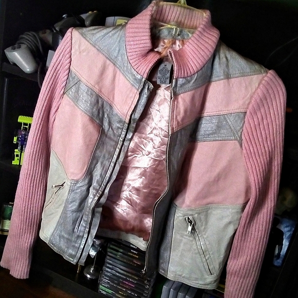 Other - 🅴 Two-tone Leather Jacket with Wool Sleeves and Collar Pink Silver